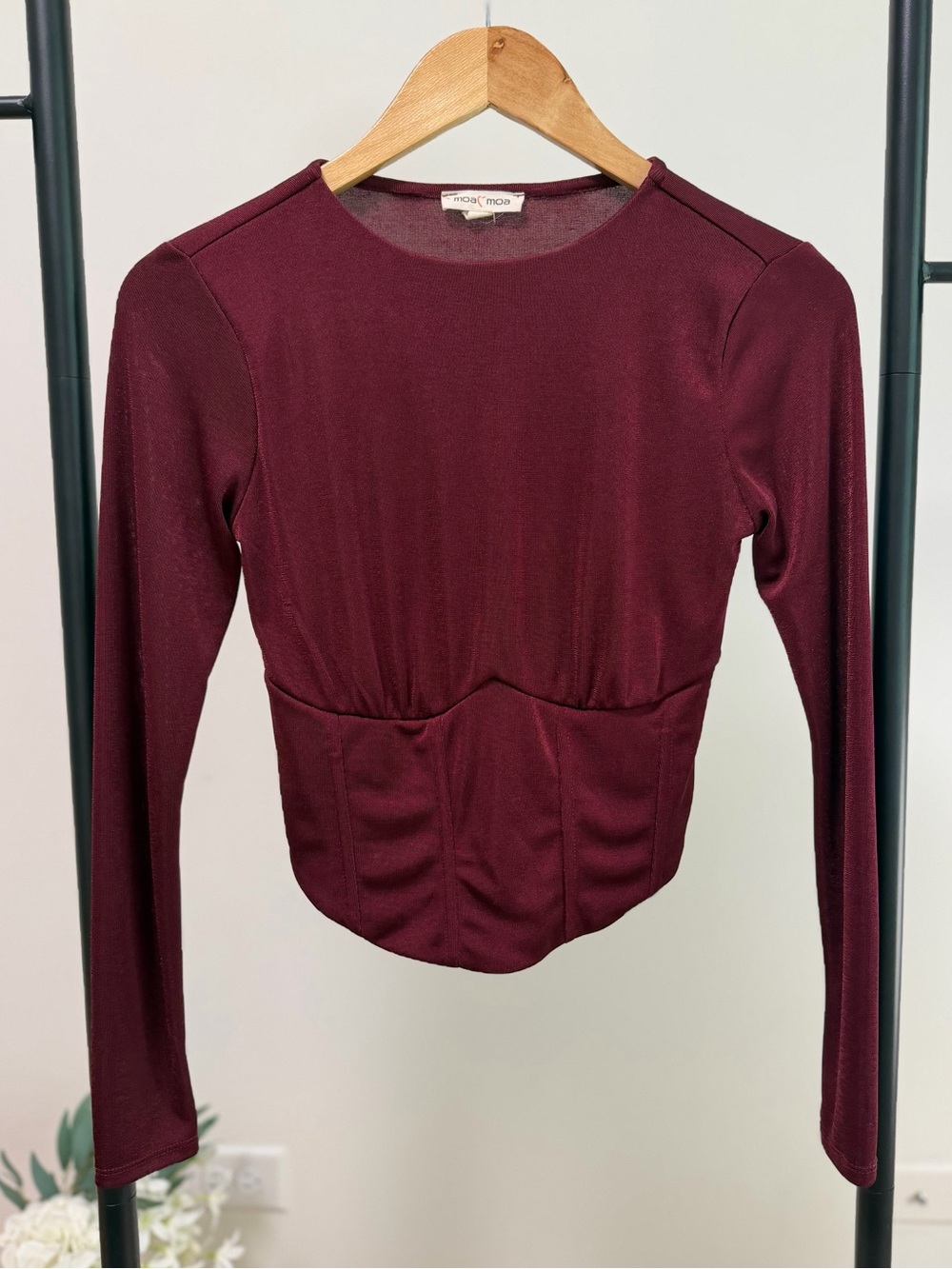 Moa Moa Burgundy Corset Seam Long Sleeve Crop Top Y2K Coquette Size Small